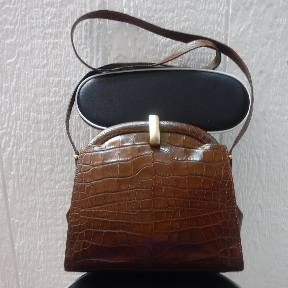 SAKS FIFTH AVENUE Brown Croc Print Leather Bag